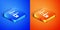Isometric Calliper or caliper and scale icon isolated on blue and orange background. Precision measuring tools. Square