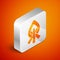 Isometric Campfire icon isolated on orange background. Burning bonfire with wood. Silver square button. Vector