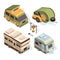 Isometric camping cars. Vector pictures isolate on white