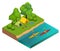 Isometric Camping on the river bank. Tents, bonfire and kayaking on the river. Vacation and holiday concept.