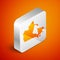 Isometric Canada map icon isolated on orange background. Silver square button. Vector