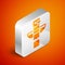 Isometric Canadian totem pole icon isolated on orange background. Silver square button. Vector