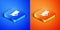 Isometric Cannon icon isolated on blue and orange background. Square button. Vector