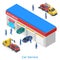 Isometric Car Auto Vehicle Service Station Garage with tow truck evacuator flat vector illustration