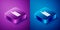 Isometric Car muffler icon isolated on blue and purple background. Exhaust pipe. Square button. Vector Illustration