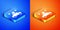 Isometric Car sharing icon isolated on blue and orange background. Carsharing sign. Transport renting service concept