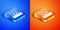 Isometric Car tire hanging on rope icon isolated on blue and orange background. Playground equipment with hanging rope