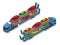 Isometric Car transport truck on the road with different types of cars flat vector illustration. The trailer transports