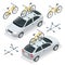 Isometric car is transporting bicycles on the roof. Bike transportation. Flat style vector illustration isolated on