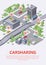 Isometric carsharing map illustration 3d of car sharing or carpool service parking location infographic