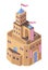 Isometric cartoon castle icon. Game design fortress concept. Medieval castle with towers and gates, vector illustration