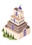 Isometric cartoon castle icon. Game design fortress concept. Medieval castle with towers and gates, vector illustration