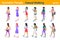 Isometric Casual People flat vector collection. Woman Girl walking and talking or looking on Mobile phone  back and front poses