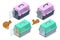 Isometric cat in a soft carrier on the floor . Cat carrier with the open and closed door.