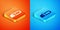 Isometric Chainsaw icon isolated on orange and blue background. Vector