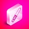 Isometric Chainsaw icon isolated on pink background. Silver square button. Vector