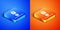 Isometric Charging parking electric car icon isolated on blue and orange background. Square button. Vector