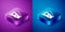 Isometric Cheese icon isolated on blue and purple background. Square button. Vector