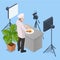 Isometric Chef Cook Recording Video On Camera at Kitchen. Chief In White Uniform Blogger, Food Blogger or Cooking Video