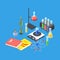 Isometric chemistry equipment. Vector test tubes and beakers, atom and dna model