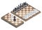 Isometric chess board game. Chess pieces, king, queen, bishop, knight, rook and pawns, chessboard game 3d vector illustration