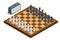 Isometric chess Board and pieces. Chess icons. Board game. A chess piece, or chessman, is any of the six different types