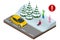 Isometric child on a sled drives out on the road in winter in front of a passing car. Dangerous situation on the road