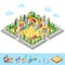 Isometric Children Playground in the Park with People, Sweengs, Carousel, Slide and Sandbox