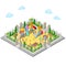 Isometric Children Playground in the Park with People, Sweengs, Carousel, Slide and Sandbox