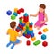 Isometric children stacks building cubes sitting at home or nursery room. Eco-friendly wooden constructor. Child