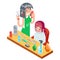 Isometric children teenager hairdresser character cute little girl and female master haircuts icon flat design concept