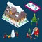 Isometric Christmas Decorated House with Christmas Tree, Santa, Children and Snowman
