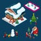 Isometric Christmas Decorated House with Christmas Tree, Santa, Children and Snowman