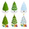 Isometric Christmas tree set. Decorated christmas tree with gift boxes, star, lights, decoration balls and lamps. Flat