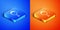 Isometric Circus fire hoop icon isolated on blue and orange background. Ring of fire flame. Round fiery frame. Square