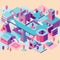 Isometric city with alphabet shape buildings cartoon illustration