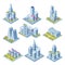 Isometric city architecture, cityscape building, landscape garden and office skyscraper. Buildings for 3d street map
