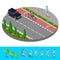 Isometric City. Bike Path with Bicyclist. Footpath with Walking Man