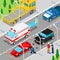 Isometric City Car Accident with Ambulance, Tow Truck and Police Vehicle