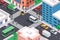 Isometric city crossroad with cars, road intersection traffic jam. Urban downtown street with transport and people