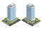 Isometric city houses composition with building and road isolated vector illustration. Collection of urban elements