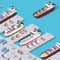 Isometric City industrial port with transport boat and naval ships