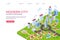 Isometric city landing page. 3D smart city concept with skyscrapers, business centers, streets and cars. Vector web page