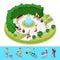 Isometric City Park Composition with Active People and Fountain. Outdoor Activity