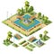 Isometric city park with design elements for garden landscape