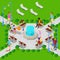 Isometric City Park with Fountain. Active People Walking in Park. Vector