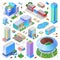 Isometric city scene generator creator vector design objects illustration. Hospital stadium mall restaurant buildings construction