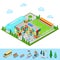Isometric City. School Building with Swimming Pool and Football Ground