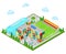 Isometric City. School Building with Swimming Pool and Football Ground