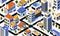 Isometric city. Top view of districts and roads. Cartoon buildings and highways. Facades of multistory houses or streets